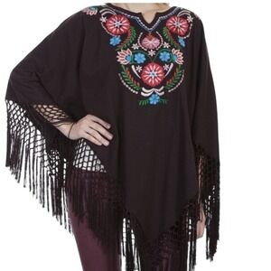 Scully Floral Embroidered Poncho Brown Boho Fringe Macrame Western Top XL